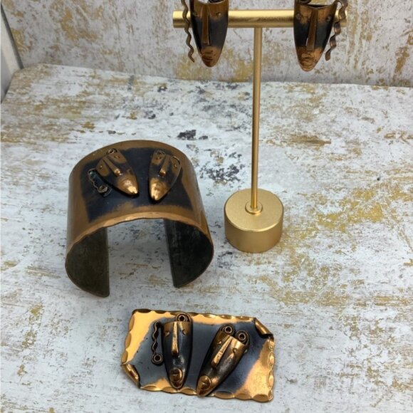 Vintage FRANCISCO REBAJES Brooch Earrings And Cuff Bracelet Copper - Picture 5 of 6